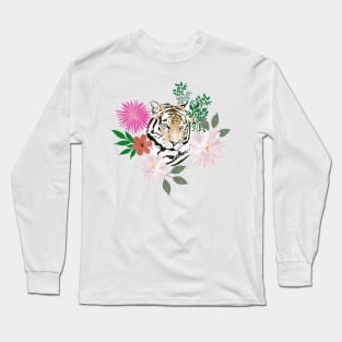 Pretty White Pink Tiger Floral Painting Long Sleeve T-Shirt